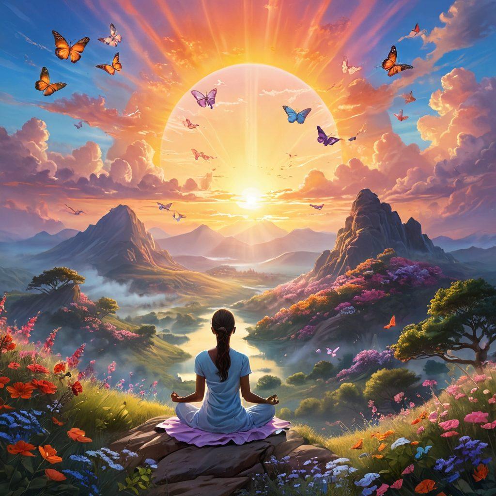 A bright sunrise illuminating a serene landscape, with a person meditating on a hilltop surrounded by blooming flowers and butterflies, symbolizing the transition from gloom to glow. Vibrant colors contrast with soft pastel skies to evoke feelings of positivity and wellness. Include uplifting imagery like a glowing aura around the person and rays of light breaking through clouds. super-realistic. vibrant colors. peaceful atmosphere.