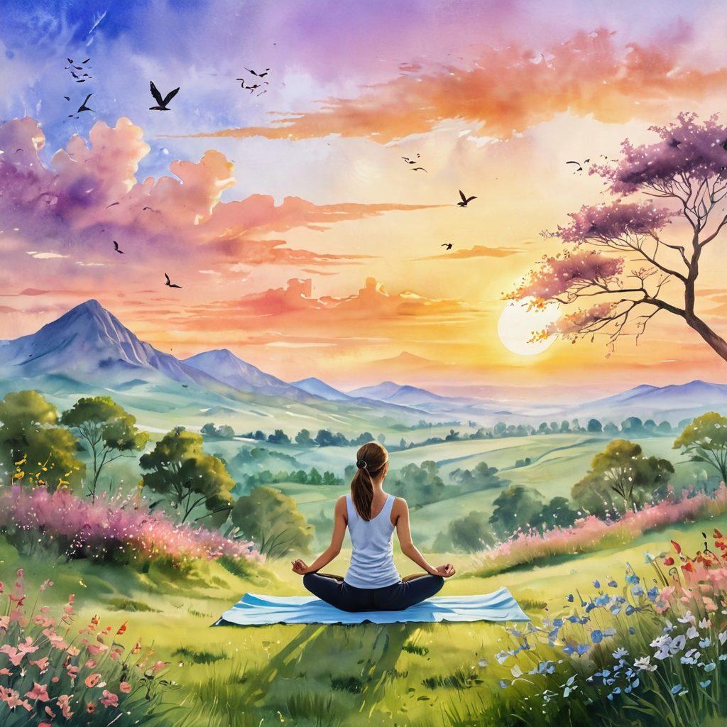 A serene sunrise over a tranquil landscape, with a person practicing yoga on a grassy hilltop, surrounded by blooming flowers, symbolizing growth and happiness. Include elements of nature like birds and butterflies fluttering in the air, radiating a sense of joy and peace. The image should evoke warmth and positivity, with soft pastel colors creating a soothing atmosphere. watercolor painting. soft focus.