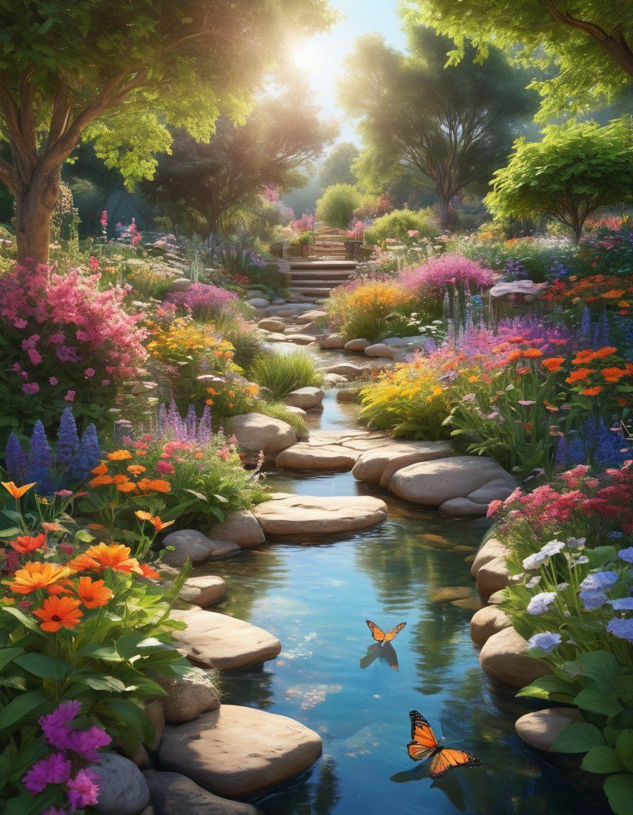 A serene garden filled with colorful flowers, bright sunlight illuminating the scene, and a person joyfully practicing meditation amidst nature. Include uplifting elements like butterflies, birds in flight, and a gentle flowing stream to evoke a sense of bliss and tranquility. super-realistic. vibrant colors. peaceful atmosphere.